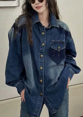 Camisas vaqueras con botones y cuello Peter Pan azul, abrigos de manga larga
